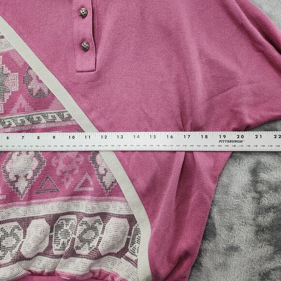 Vintage 80s Graff Top Womens M Pink Silver Metallic Glitter 3/4 Sleeve Polo - Picture 7 of 9